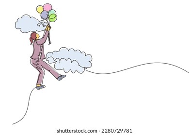 Single continuous line drawing businesswoman floating with balloon. Woman holding balloon flying through cloud. Worker reaches goal, target, finds solution. One line graphic design vector illustration