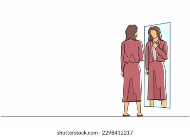 Single continuous line drawing businesswoman adjusting blazer in front mirror  Woman checking her appearance in mirror  Female manager looking herself in mirror  One line draw graphic design vector