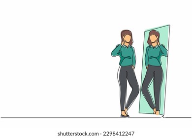 Una única línea continua de dibujo empresaria que elige el brillo para la reunión de negocios. Mujer intentando vestirse en casa. Chica con estilo. Espejo con reflexión femenina. vector de diseño gráfico de tracción de línea