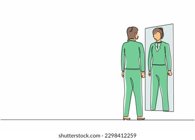 Single continuous line drawing businesswoman looks herself in the mirror. Clerk or manager looking at her reflection in mirror and evaluating her attire. One line graphic design vector illustration