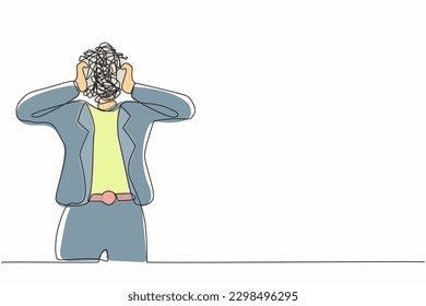 Single continuous line drawing businesswoman with round scribbles instead of a head. Confusion and mess feeling. Stressed woman working in office with problem. One line draw design vector illustration