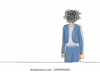 Single continuous line drawing businesswoman with round scribbles instead of head. Frustrated woman. Anxiety, confusion in thoughts. Chaos in head. Confusing process. One line graphic design vector