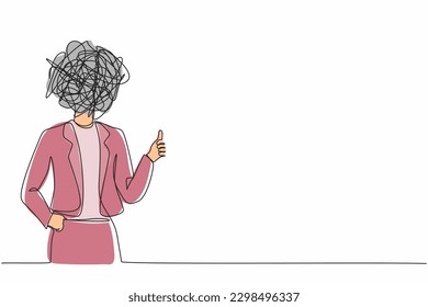 Single continuous line drawing businesswoman with round scribbles instead of a head. Female manager showing thumbs up sign. Deal, like, agree, approve, accept. One line draw design vector illustration