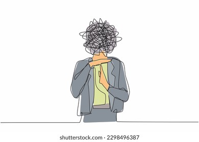 Single continuous line drawing businesswoman with round scribbles instead of head. Stop working, time break gesture, timeout signal. Pause. Nonverbal communication. One line draw graphic design vector