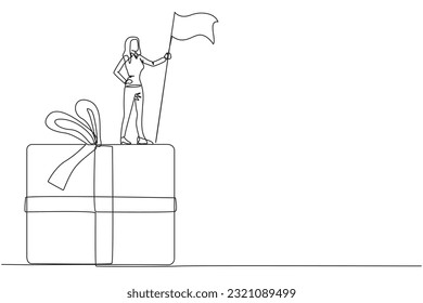 Single continuous line drawing of businesswoman standing on giant gift box raising flag. Businesswoman provide year-end bonuses to all employees. Business reward. One line design vector illustration