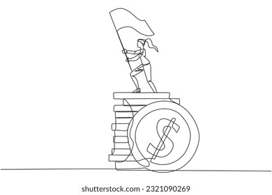 Single continuous line drawing of businesswoman standing on stack of coins raising flag. Successful remote freelance work. Get a lot of money. Concept of smart business. Award. One line design vector