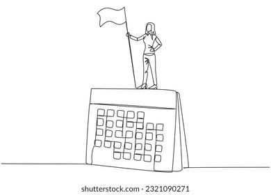 Single continuous line drawing businesswoman standing on giant desk calendar holding flag. Starting small steps in planned business pattern is key to success in achieving business profits. One line