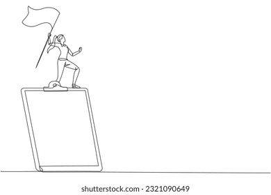 Single continuous line drawing of businesswoman standing on giant clipboard raising flag. Create a daily business plan for smooth running of business. Planned business management concept. One line