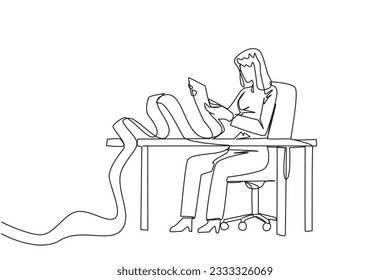 Single continuous line drawing of businesswoman sitting in work chair holding roll of billing paper. Monthly recurring bill payment. Employee salary bills and other payments. One line design vector