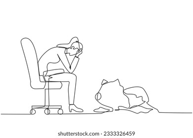 Single continuous line drawing of businesswoman sits pensively on office chair and in front is a broken piggy bank. Failing to save because have to pay large bills. One line design vector illustration