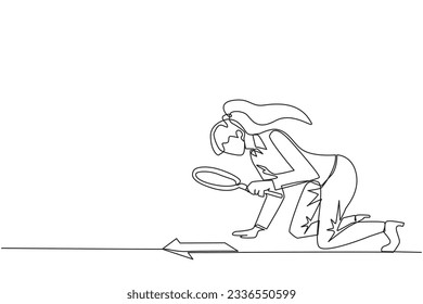 Single continuous line drawing of businesswoman looked down checking arrows with magnifier. Check the direction, it is towards a growing business or makes the business loss. One line design vector