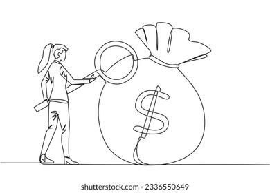 Una única empresaria de dibujo de línea continua destacó revisando una bolsa de dinero gigante con lupa. El éxito de una persona depende del número de bolsas de dinero que se recojan. Ilustración vectorial de diseño de una línea