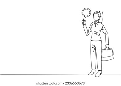 Single continuous line drawing businesswoman holds the magnifier in right hand while in left hand holds a briefcase. Businesswoman who offer cooperation proposals. One line design vector illustration