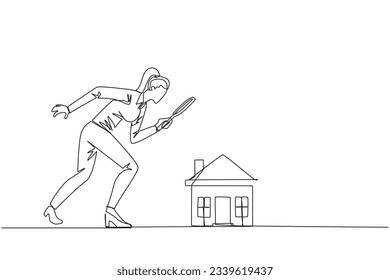 Single continuous line drawing of businesswoman holding magnifying glass looking at miniature house. Get ready to make passive income after viewing several house. One line design vector illustration