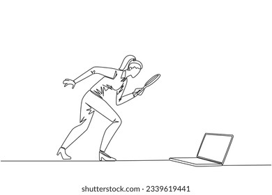 Single continuous line drawing businesswoman holding magnifying glass looking at laptop computer. Confused a programmer facing the bugs in the application she made. One line design vector illustration