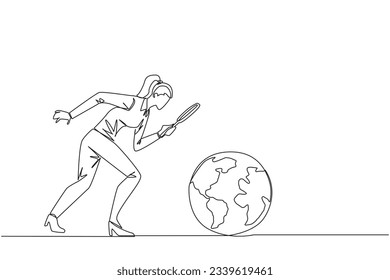 Single continuous line drawing of businesswoman holding magnifying glass looking at globe. Analyze and map the territory to open the new business. Growing business. One line design vector illustration