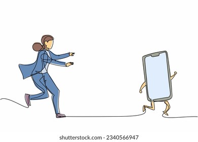 Single continuous line drawing businesswoman run chasing try to catch smartphone. Concept of talking, communication, technology, speaking. Business metaphor. One line draw design vector illustration