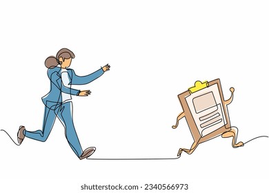 Single continuous line drawing businesswoman run chasing try to catch clipboard. Manager being chased by work deadline. Running out of time. Business metaphor. One line draw design vector illustration