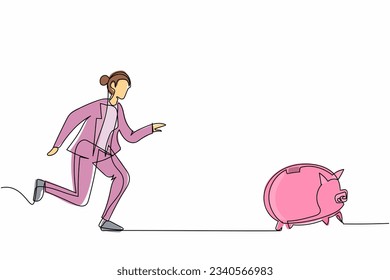 Single continuous line drawing businesswoman chasing piggy bank, trying to catch it and return his money. Financial crisis, ROI, return on investment business. One line draw design vector illustration