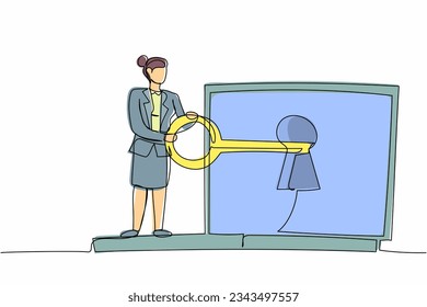 Single continuous line drawing businesswoman put key into laptop computer. Internet security, access to encrypted data, protection of personal information. One line graphic design vector illustration