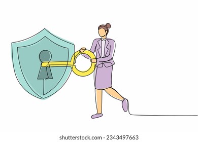 Single continuous line drawing businesswoman put key into shield. Security guard. Encryption, encoding digital currency data, finance security and protection. One line draw design vector illustration