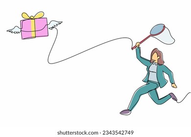 Single continuous line drawing businesswoman try to catching flying gift box with butterfly net. Lost gift box delivery concept. Disappointing service. One line draw graphic design vector illustration