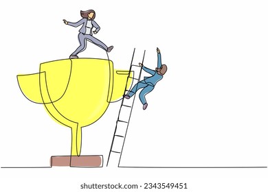 Single continuous line drawing businesswoman kicking to make her rival falling down from the top ladder trophy of success. Cheating competitor or partner. One line graphic design vector illustration