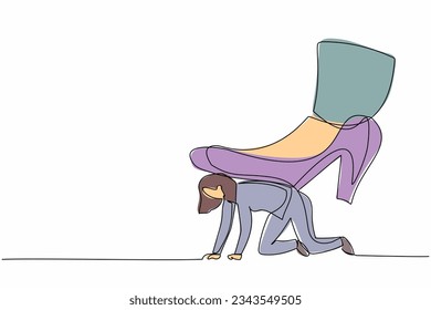 Single continuous line drawing businesswoman crawling under giant foot trample. Female employee oppressed by the boss with under big shoe. Minimalist metaphor. One line draw design vector illustration