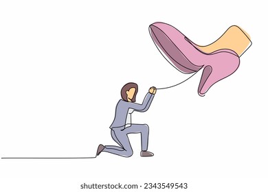 Single continuous line drawing businesswoman kneel down under giant feet. Concept for authority, exploitation, dictator figure. Minimalist metaphor. One line draw graphic design vector illustration