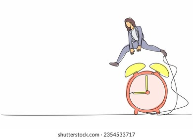 Single continuous line drawing businesswoman jump over alarm clock. Wake up inspiration for new project idea. Business deadline or working time efficiency. One line graphic design vector illustration