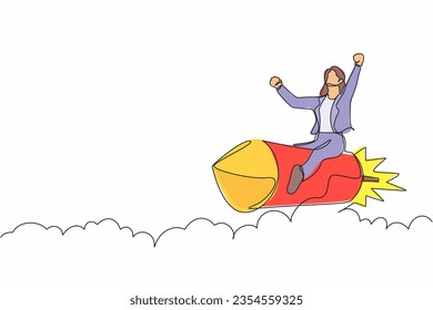 Single continuous line drawing businesswoman riding a rocket through the sky, concept for business success or innovation. Minimalist metaphor. Dynamic one line draw graphic design vector illustration