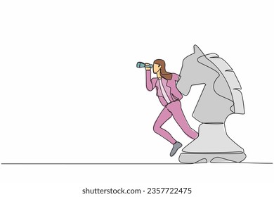 Single continuous line drawing businesswoman leader standing on horse chess piece using telescope to see business vision. Leader make decision or opportunity. One line draw design vector illustration