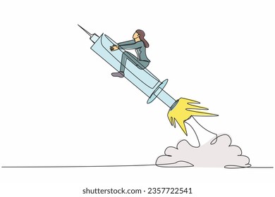 Single continuous line drawing businesswoman riding syringe rocket flying in sky.
Increase vaccination against COVID-19. Fighting to eliminate coronavirus. One line graphic design vector illustration