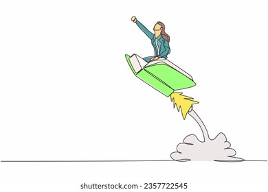 Single continuous line drawing businesswoman riding open book rocket flying in sky. Launch new library at school. Increase interest in reading smart student. One line draw design vector illustration