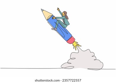 Single continuous line drawing businesswoman riding pencil rocket flying in sky. Creativity idea lead the way, education or knowledge help career development. One line draw design vector illustration