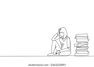 Single continuous line drawing businesswoman sitting near piles of work files. Too much work is stressful. Putting off work makes work neglected. Tired, unhappy. One line design vector illustration