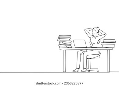 Single continuous line drawing businesswoman sitting on office chair. Curious to see stock price on a laptop screen that don't increase. Stressful businesswoman. One line design vector illustration