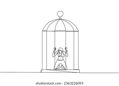 Single continuous line drawing businesswoman trapped in cage kneeling holding iron bars. Framed by business partner. Have to bear all the consequences. Unfair. One line design vector illustration