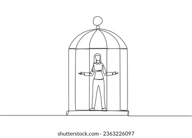 Single continuous line drawing businesswoman trapped in cage standing with open arms. Surrender to the situation. Forced to stay in a cage. Business is not growing. One line design vector illustration