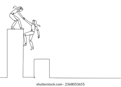 Single continuous line drawing businesswoman helps colleague climbing bar graph. Helping to climb to higher ground. Move forward and success together. Teamwork. One line design vector illustration