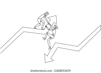 Single continuous line drawing businesswoman helps colleague climb arrow symbol. Teamwork to raise better level together. Best partner ever. Maintain cohesiveness. One line design vector illustration