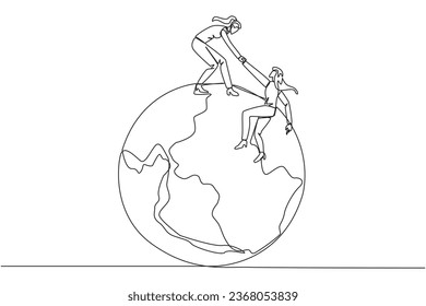 Single continuous line drawing businesswoman helps colleague climb the big globe. The metaphor of reaching top of the world through increasing business. Teamwork. One line design vector illustration