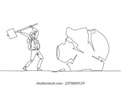 Single continuous line drawing businesswoman preparing to hit big piggy bank. Rampage. Running out of capital. Unprofitable business. Trying new luck. Rise again. One line design vector illustration