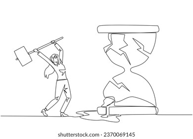 Single continuous line drawing businesswoman preparing to hit the big hourglass. Remove reminders. Work without rules. Undisciplined. Detrimental to the company. One line design vector illustration