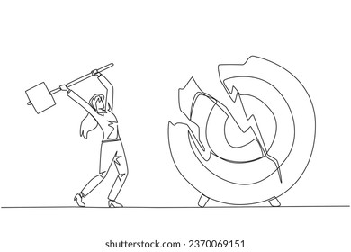 Single continuous line drawing businesswoman preparing to hit the big target arrow board. Rampage. Failed to focus, failed to get the promised reward. Madness. One line design vector illustration