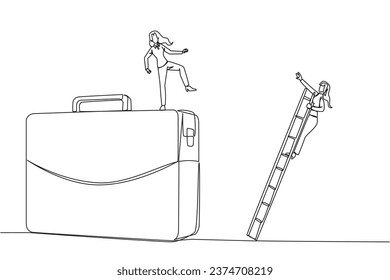 Single continuous line drawing businesswoman kicks opponent who is climbing the briefcase with a ladder. Keep away from intruders who disturb business trips. Rival. One line design vector illustration