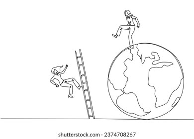 Single continuous line drawing businesswoman kicks opponent who is climbing the globe with a ladder. Failed to be on top of the world. Dropped by business friend. One line design vector illustration