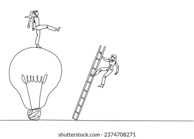 Single continuous line drawing businesswoman kicks opponent who climbing the lightbulb with a ladder. Dropping colleague because don't have bright ideas. Traitor. One line design vector illustration