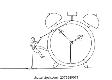 Single continuous line drawing businesswoman climbing alarm clock with rope. Work carefully to complete each task. Works perfectly. Without any errors. Deadline. One line design vector illustration