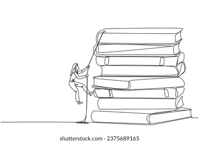 Single continuous line drawing businesswoman climbing a pile of books with a rope. Try hard to gain new knowledge for the smooth running of business. Satisfied. One line design vector illustration